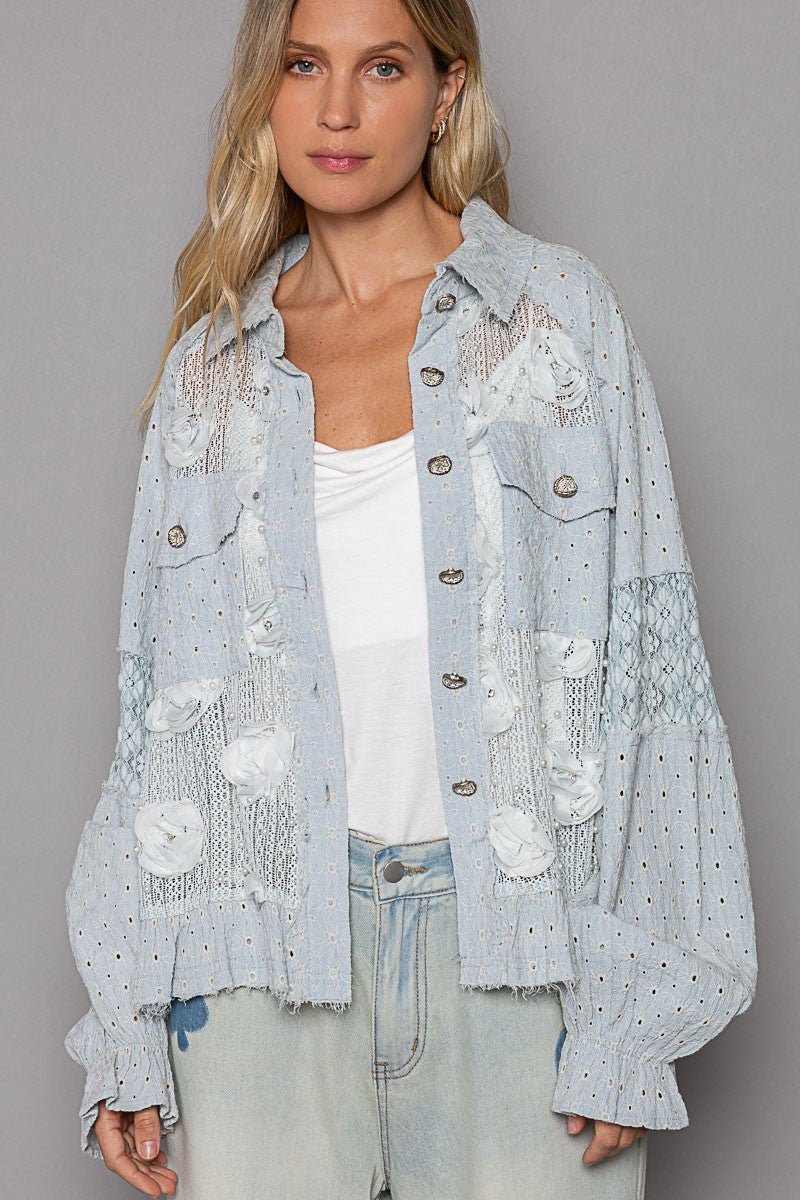 POL Eyelet Flower Pearl Detail Lace Patchwork Shirt - Roaming Gypsy Boutique