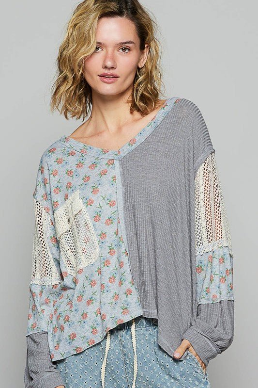 POL Floral Crochet Patch V - Neck Top - Roaming Gypsy Boutique