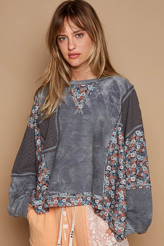 POL Floral Patchwork Round Neck Knit Top - Roaming Gypsy Boutique