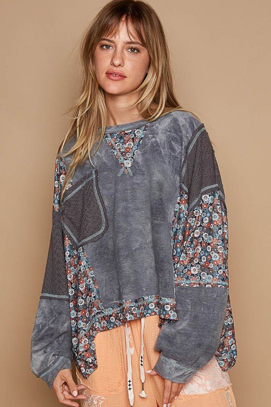 POL Floral Patchwork Round Neck Knit Top - Roaming Gypsy Boutique