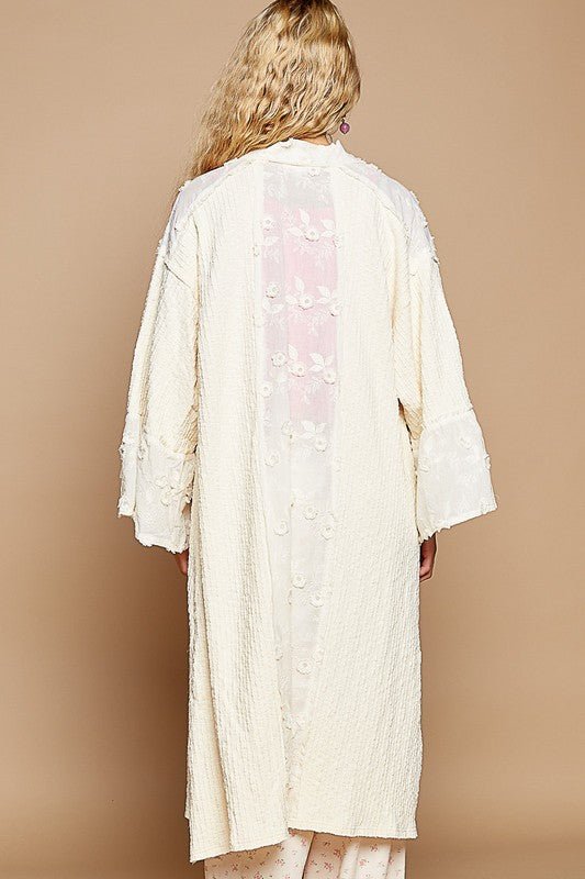 POL Flower Lace Trim Open Front Longline Cardigan - Roaming Gypsy Boutique