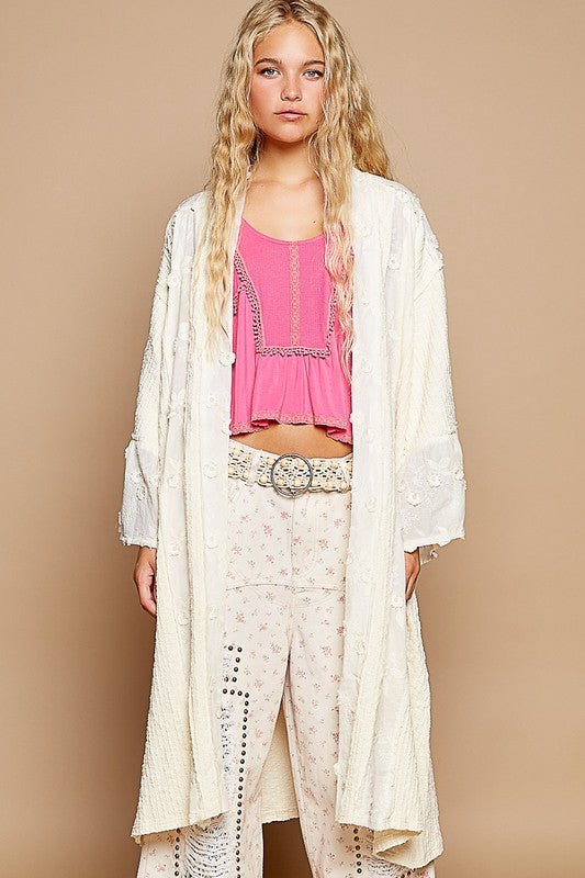 POL Flower Lace Trim Open Front Longline Cardigan - Roaming Gypsy Boutique