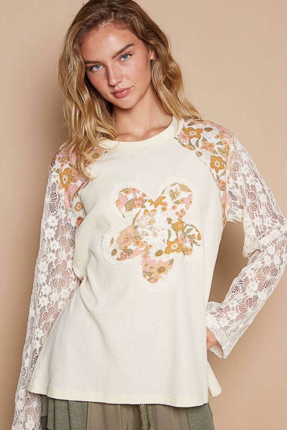 POL Flower Patch Lace Sleeve Knit Top - Roaming Gypsy Boutique