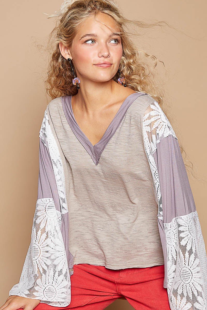 POL Lace Detail V - Neck Flare Sleeve Blouse - Roaming Gypsy Boutique