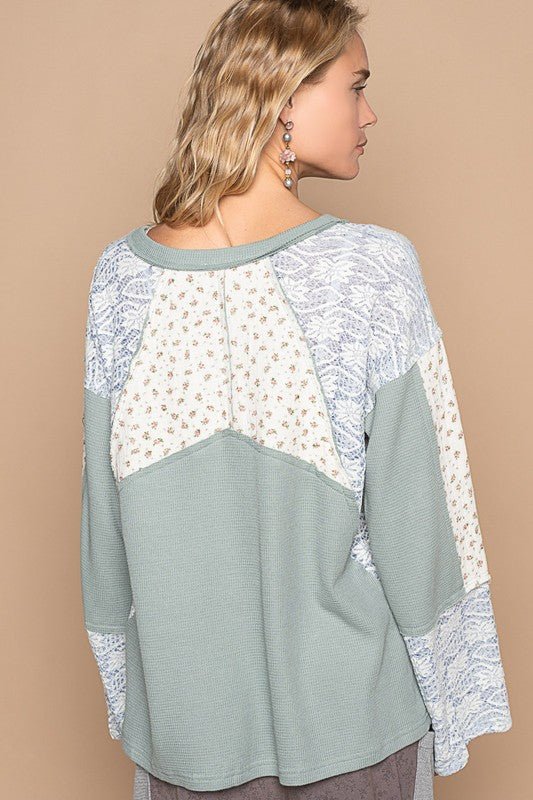 POL Lace Floral Round Neck Knit Top - Roaming Gypsy Boutique