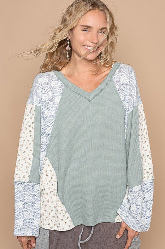 POL Lace Floral Round Neck Knit Top - Roaming Gypsy Boutique