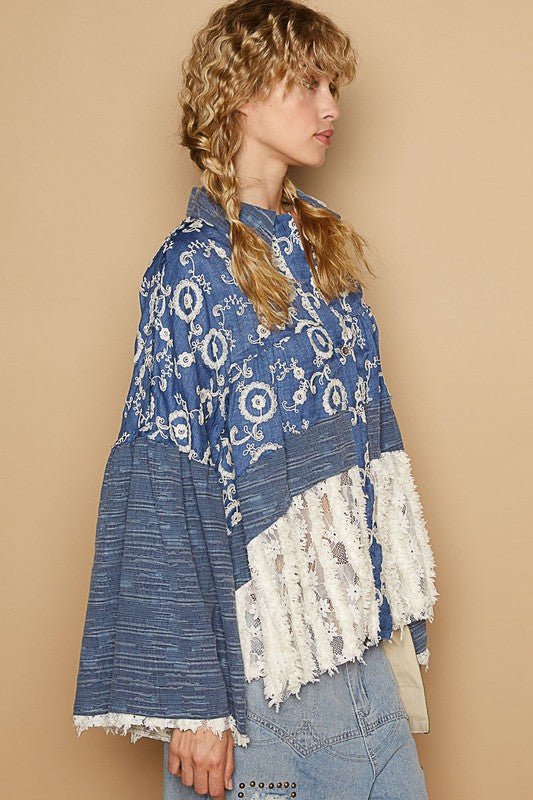 POL Lace Hem Embroidered Long Sleeve Shirt - Roaming Gypsy Boutique