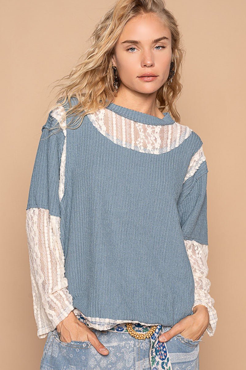 POL Lace Panel Round Neck Long Sleeve Top - Roaming Gypsy Boutique