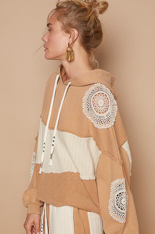 POL Openwork Contrast Dropped Shoulder Hoodie - Roaming Gypsy Boutique