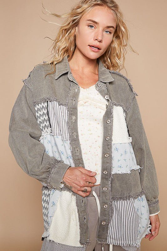 POL Raw Hem Patchwork Dropped Shoulder Jacket - Roaming Gypsy Boutique