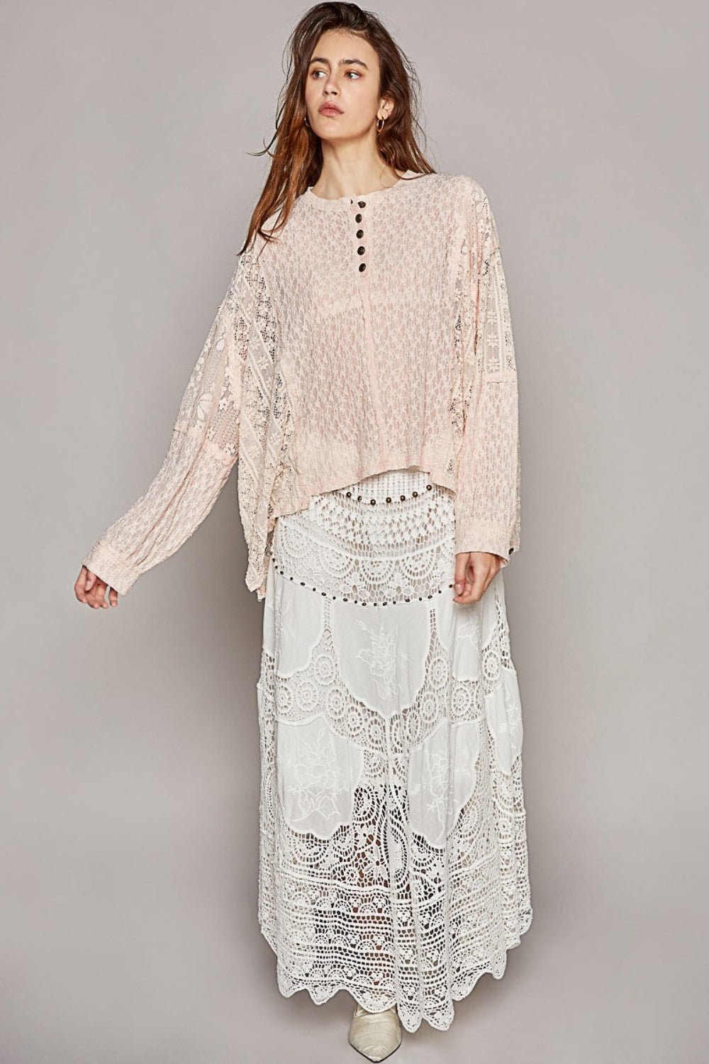 POL Round Neck Long Sleeve Raw Edge Lace Top - Roaming Gypsy Boutique