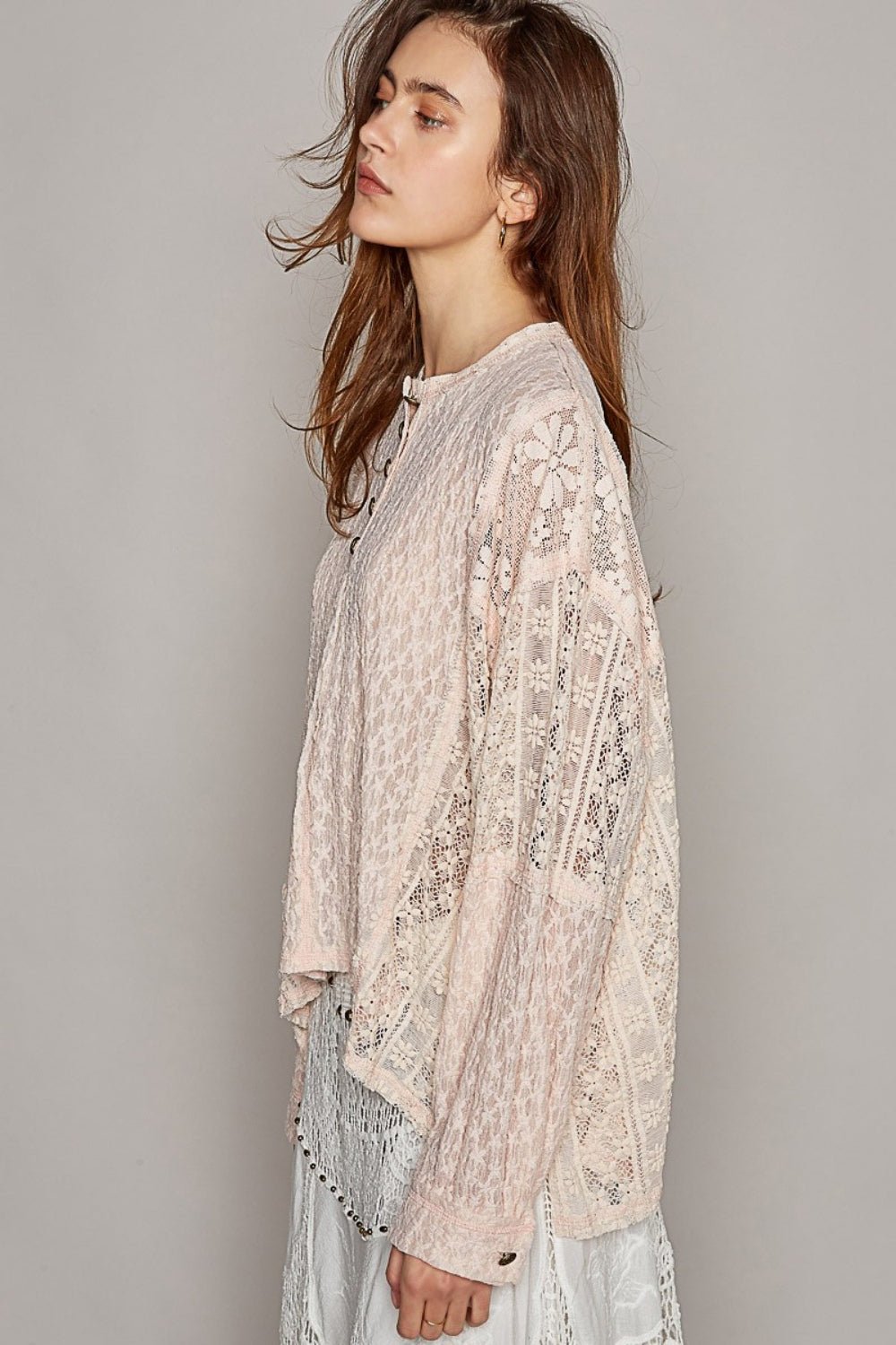 POL Round Neck Long Sleeve Raw Edge Lace Top - Roaming Gypsy Boutique