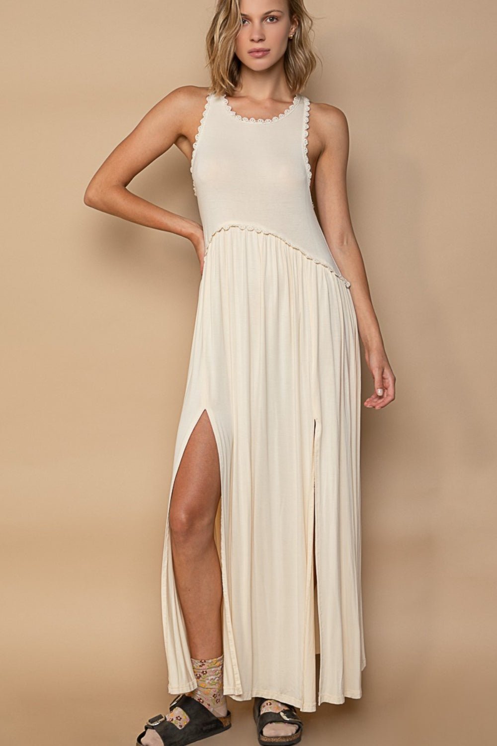 POL Sleeveless Back Zipper Front Slit Maxi Dress - Roaming Gypsy Boutique