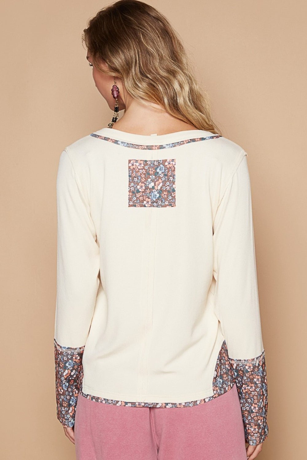 POL V - Neck Long Sleeve Floral Number Patch T-Shirt - Roaming Gypsy Boutique