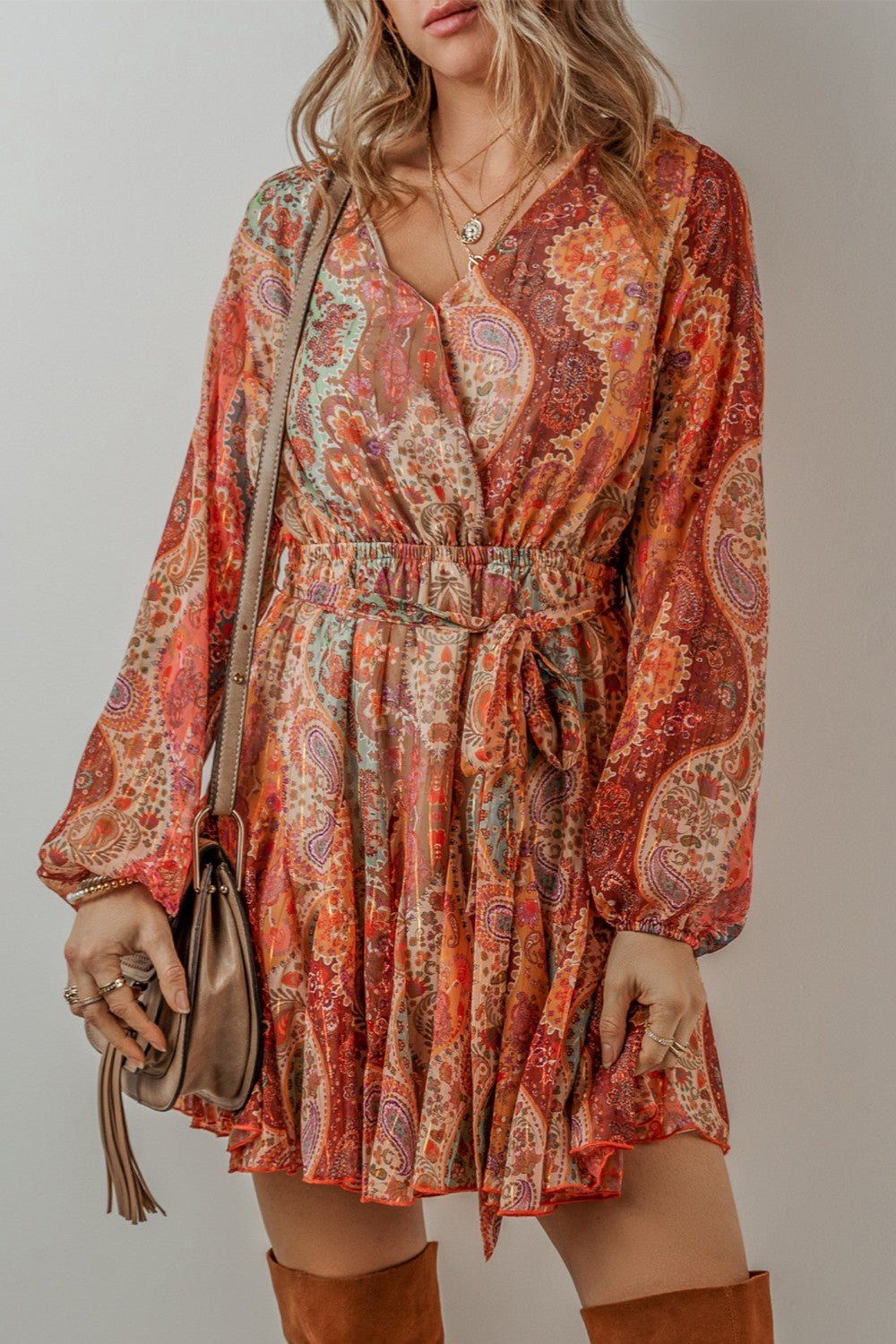 Printed Surplice Long Sleeve Mini Dress - Roaming Gypsy Boutique