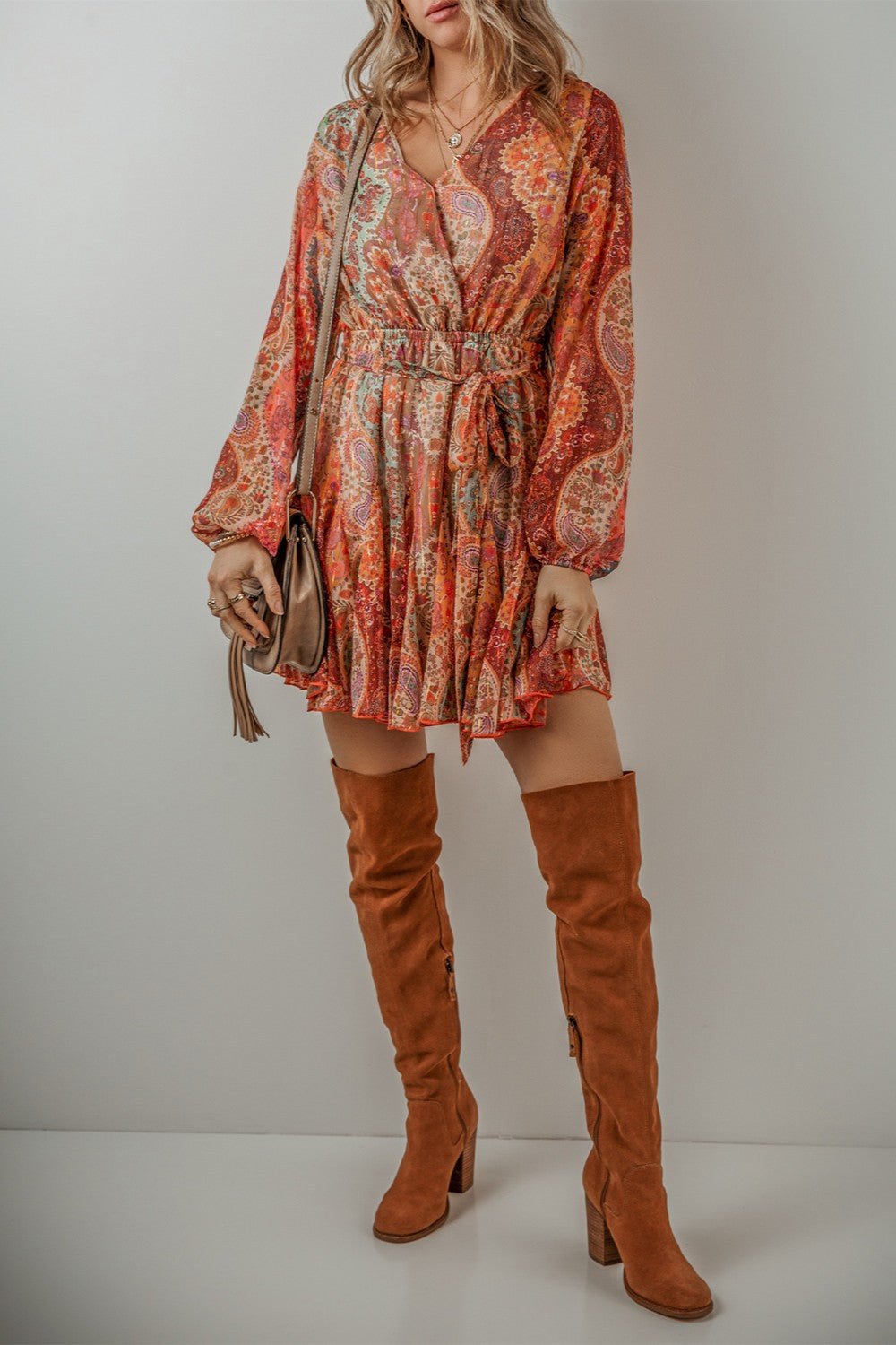 Printed Surplice Long Sleeve Mini Dress - Roaming Gypsy Boutique