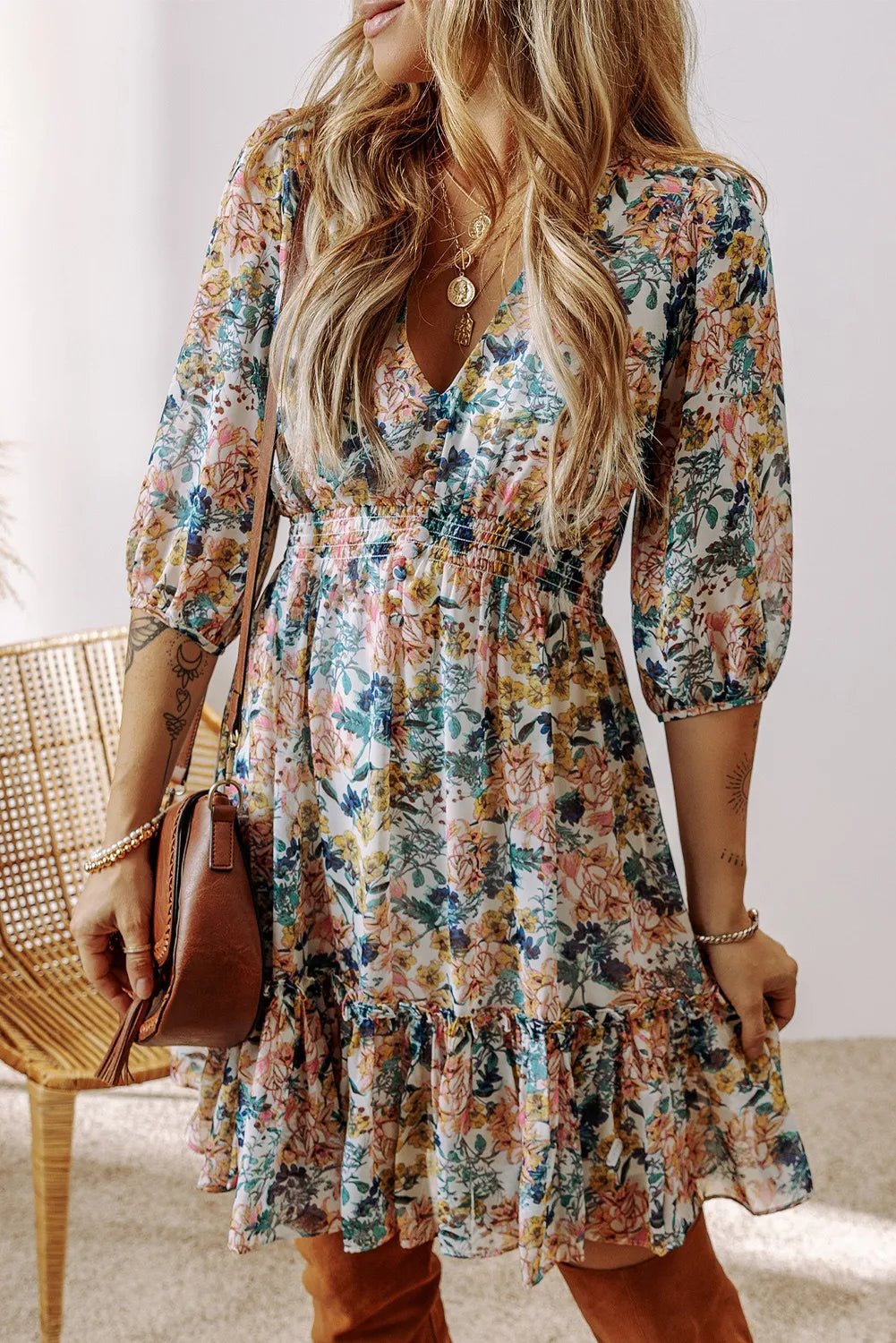 Printed V - Neck Half Sleeve Dress - Roaming Gypsy Boutique