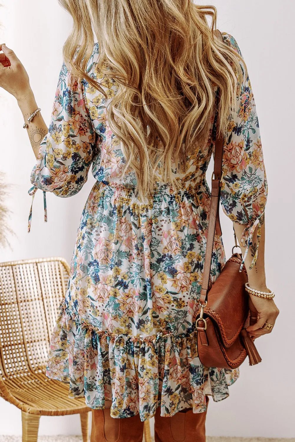 Printed V - Neck Half Sleeve Dress - Roaming Gypsy Boutique