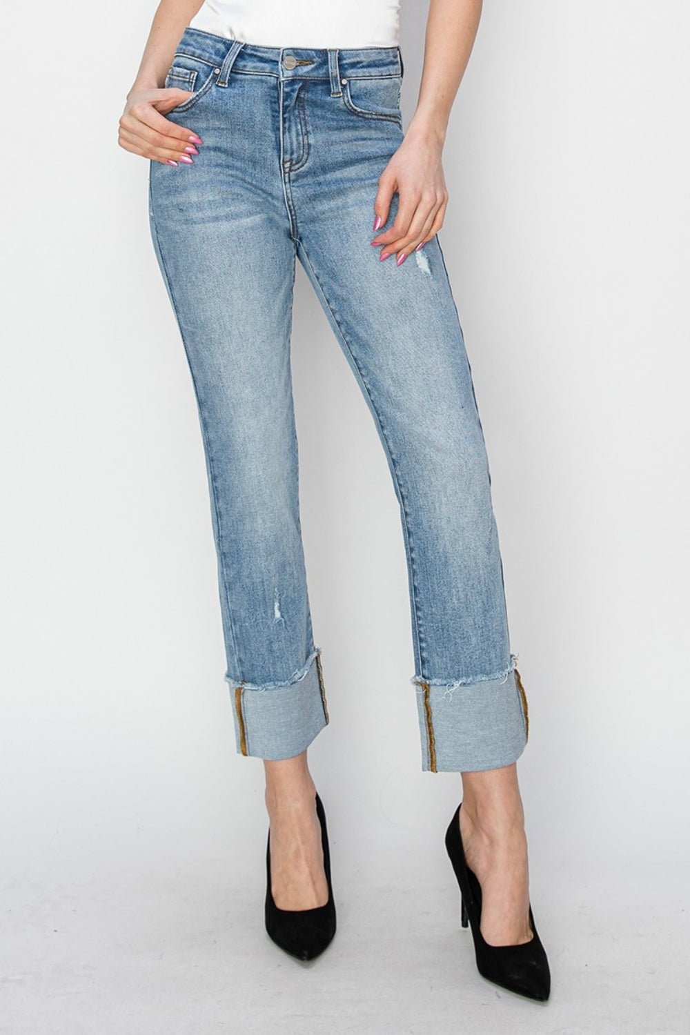 RISEN Full Size High Rise Cuffed Slim Straight Jeans - Roaming Gypsy Boutique