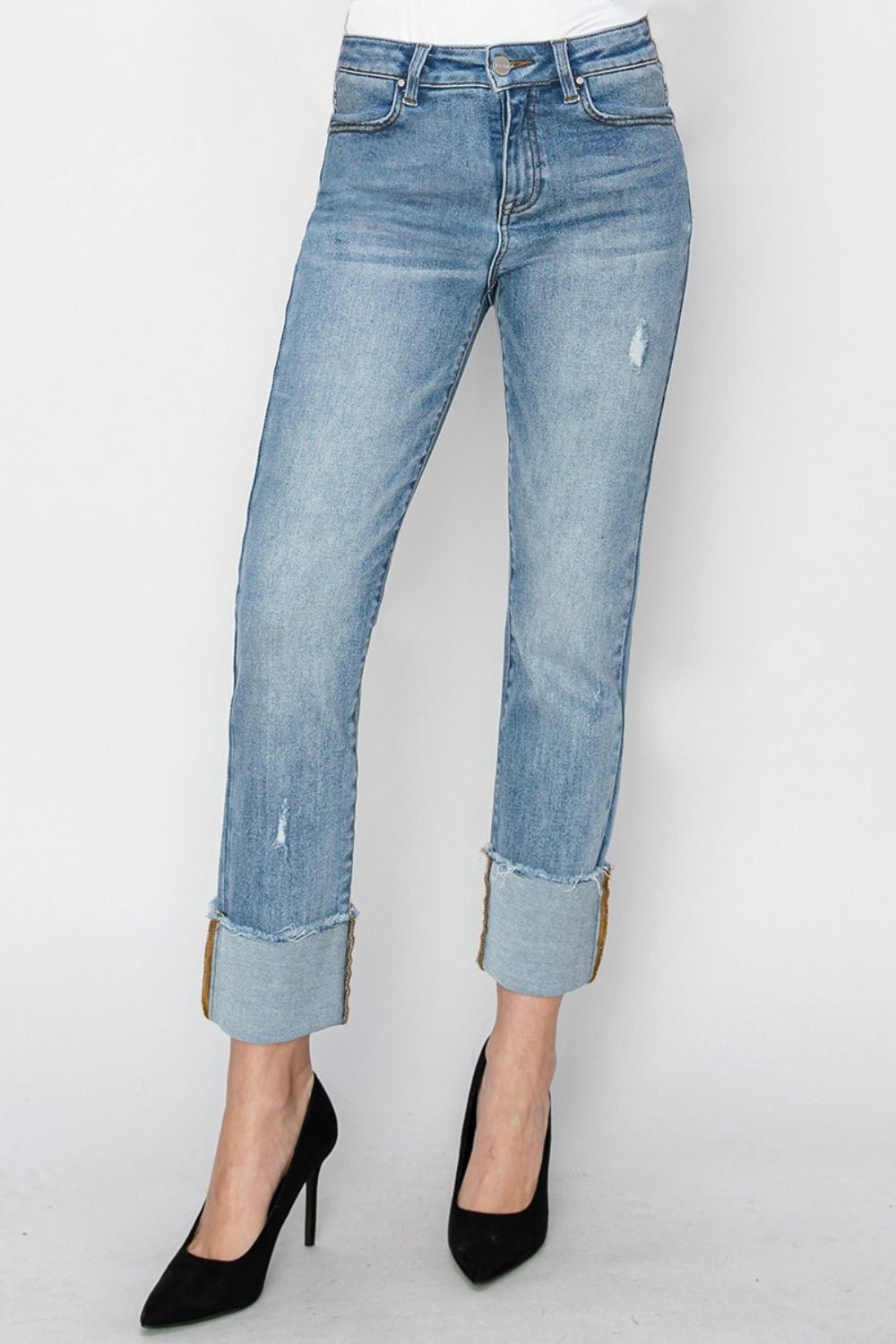 RISEN Full Size High Rise Cuffed Slim Straight Jeans - Roaming Gypsy Boutique