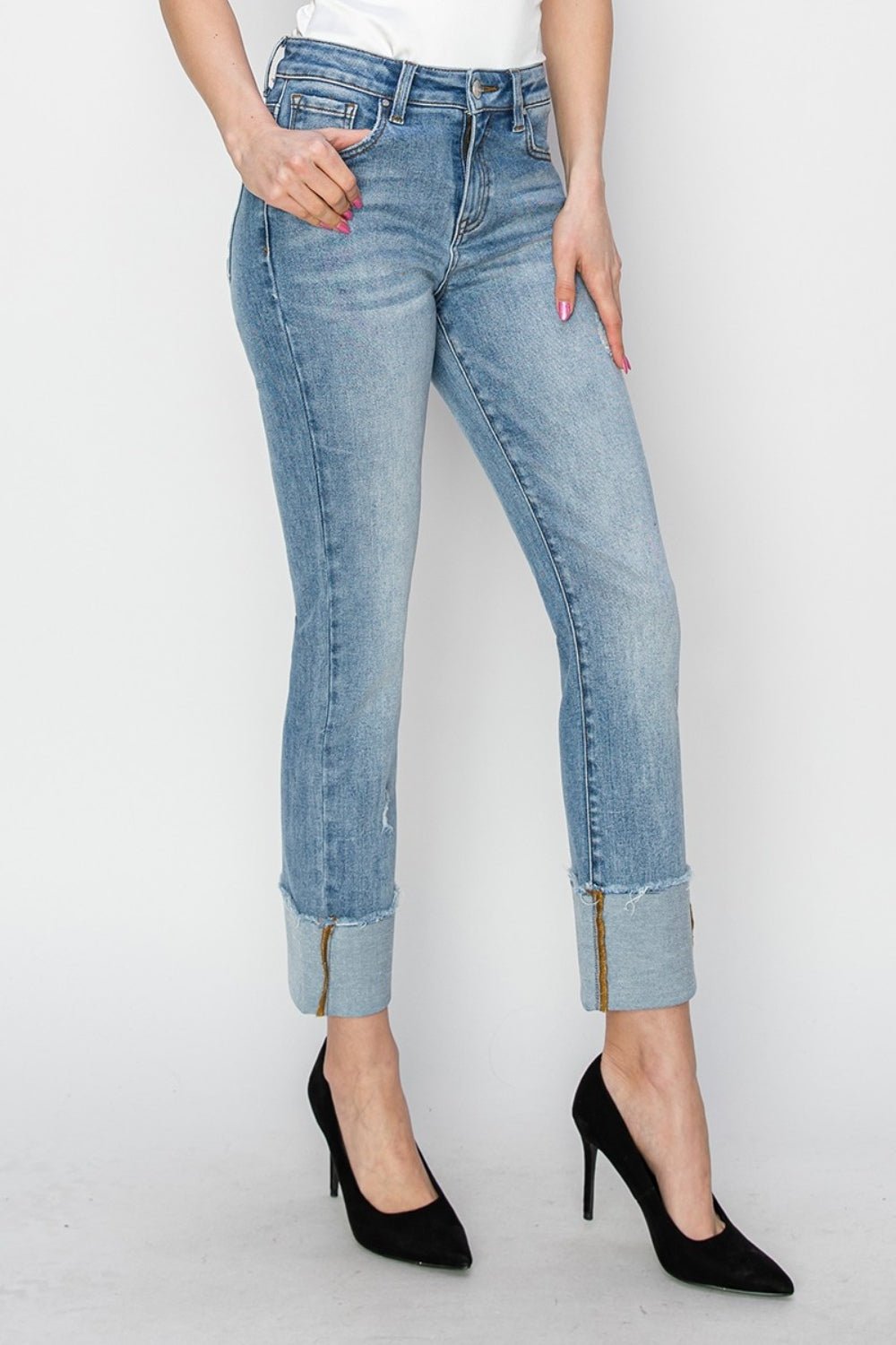 RISEN Full Size High Rise Cuffed Slim Straight Jeans - Roaming Gypsy Boutique