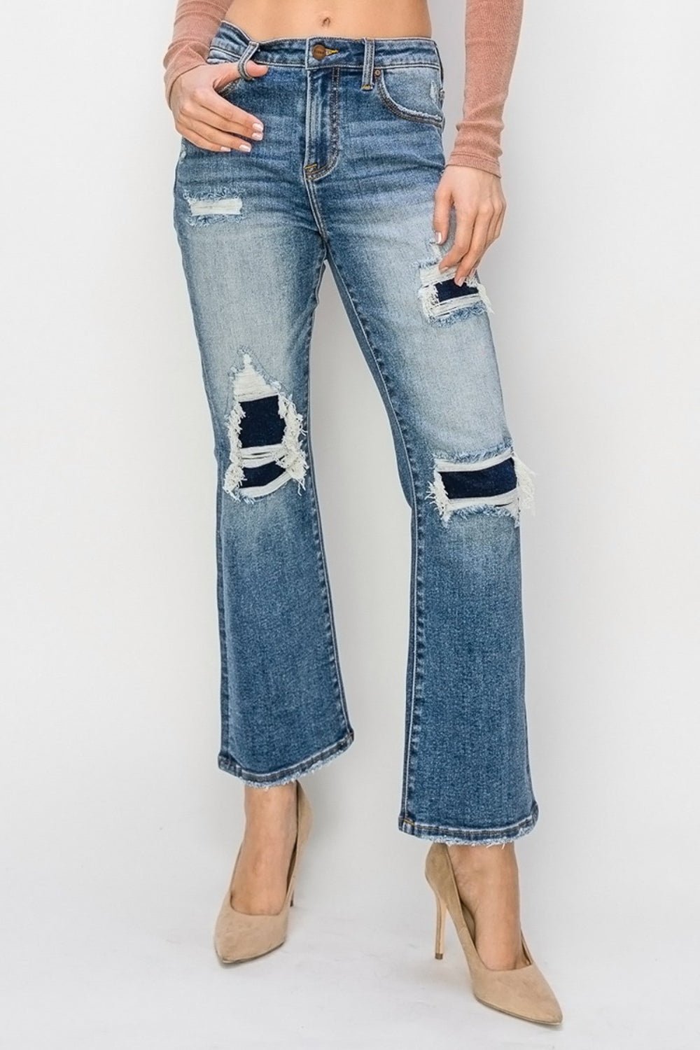 Risen Full Size High Rise Distressed Ankle Flare Jeans - Roaming Gypsy Boutique