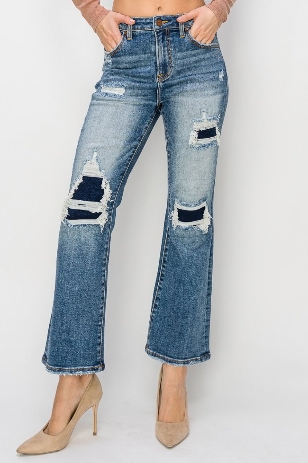 Risen Full Size High Rise Distressed Ankle Flare Jeans - Roaming Gypsy Boutique