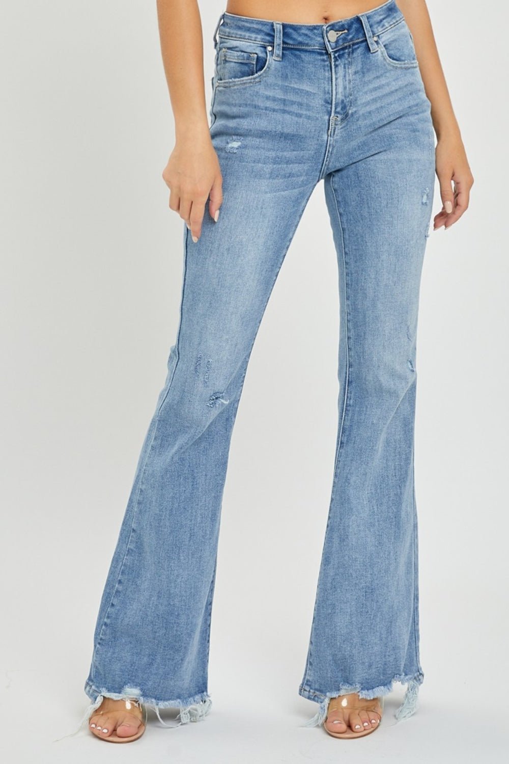 Risen Full Size High Rise Frayed Hem Flare Jeans - Roaming Gypsy Boutique