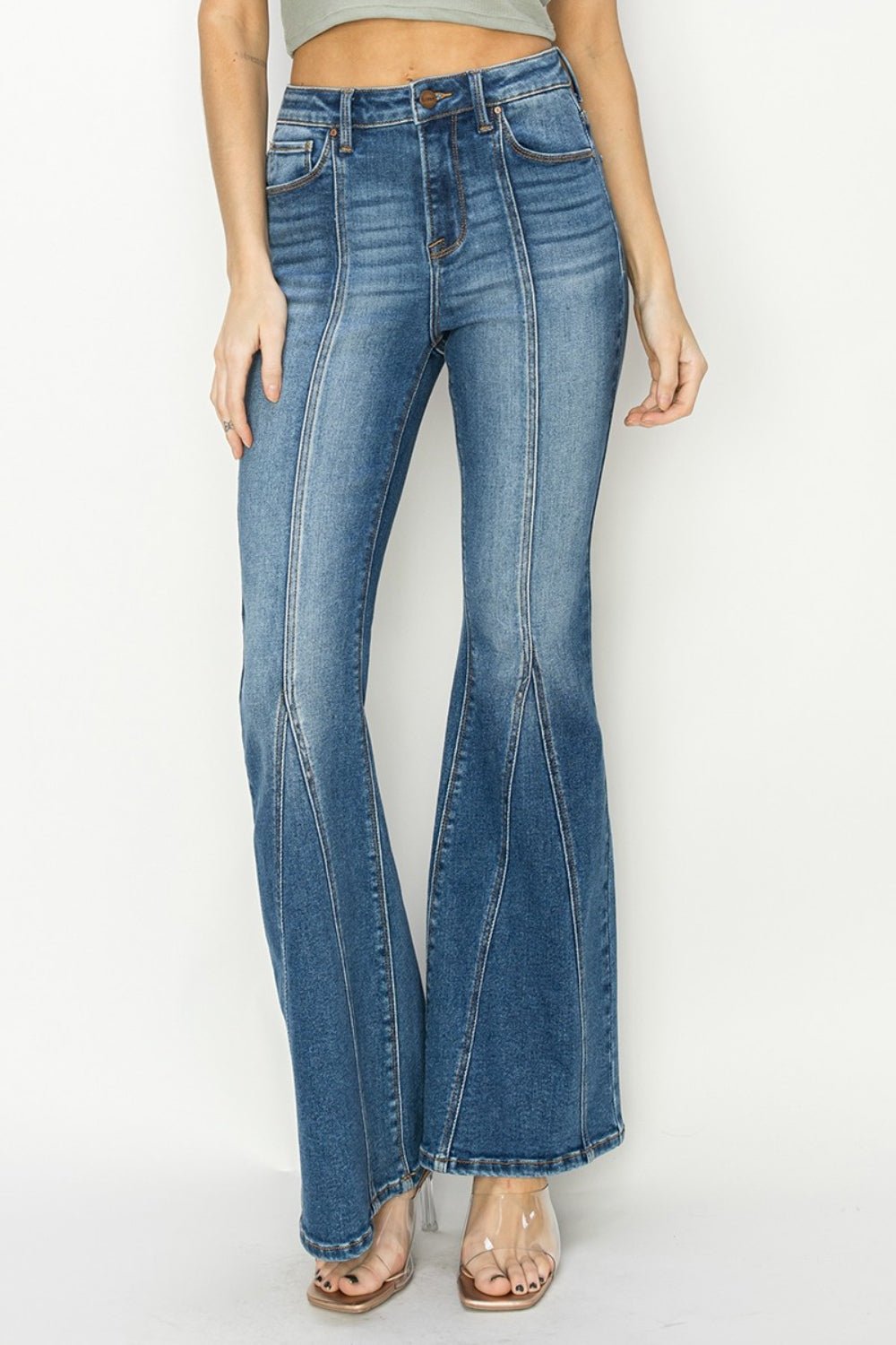 RISEN Full Size High Rise Front Seam Detailed Flare Jeans - Roaming Gypsy Boutique