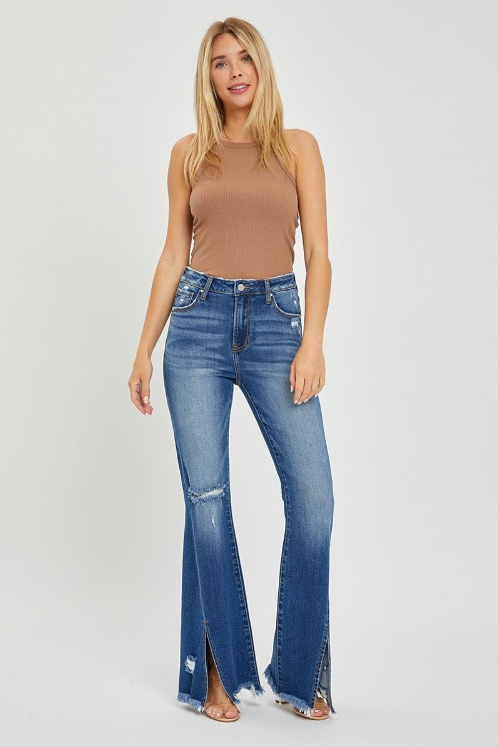 RISEN Full Size High Rise Front Slit Frayed Hem Flare Jeans - Roaming Gypsy Boutique