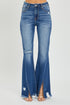 RISEN Full Size High Rise Front Slit Frayed Hem Flare Jeans - Roaming Gypsy Boutique