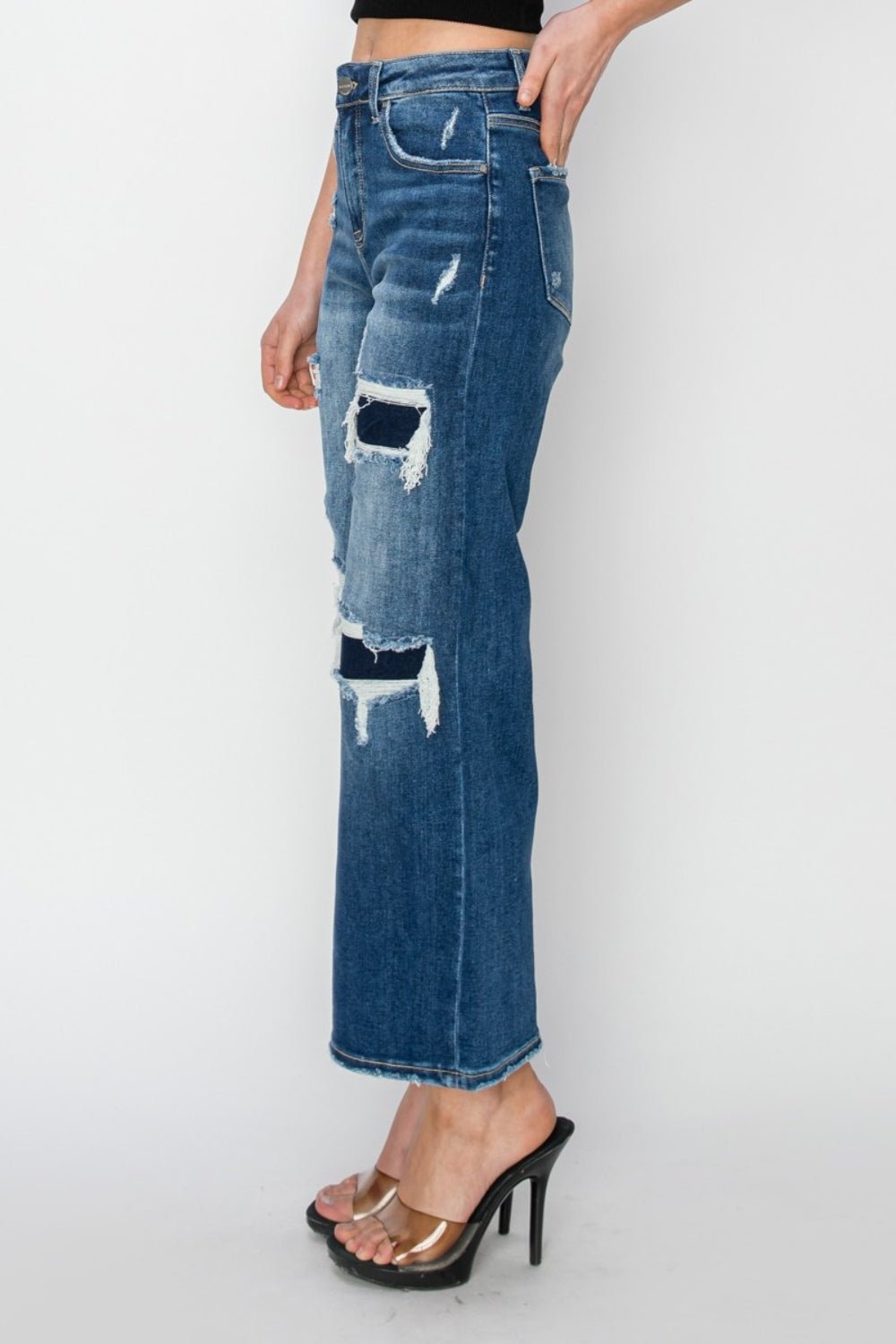 Risen Full Size High Rise Patch Detailed Wide Leg Crop Jeans - Roaming Gypsy Boutique