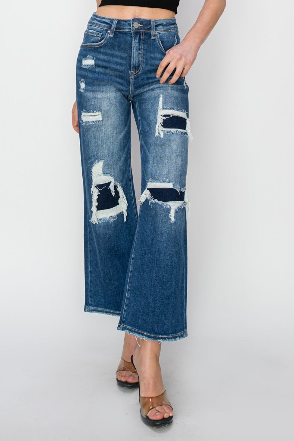 Risen Full Size High Rise Patch Detailed Wide Leg Crop Jeans - Roaming Gypsy Boutique