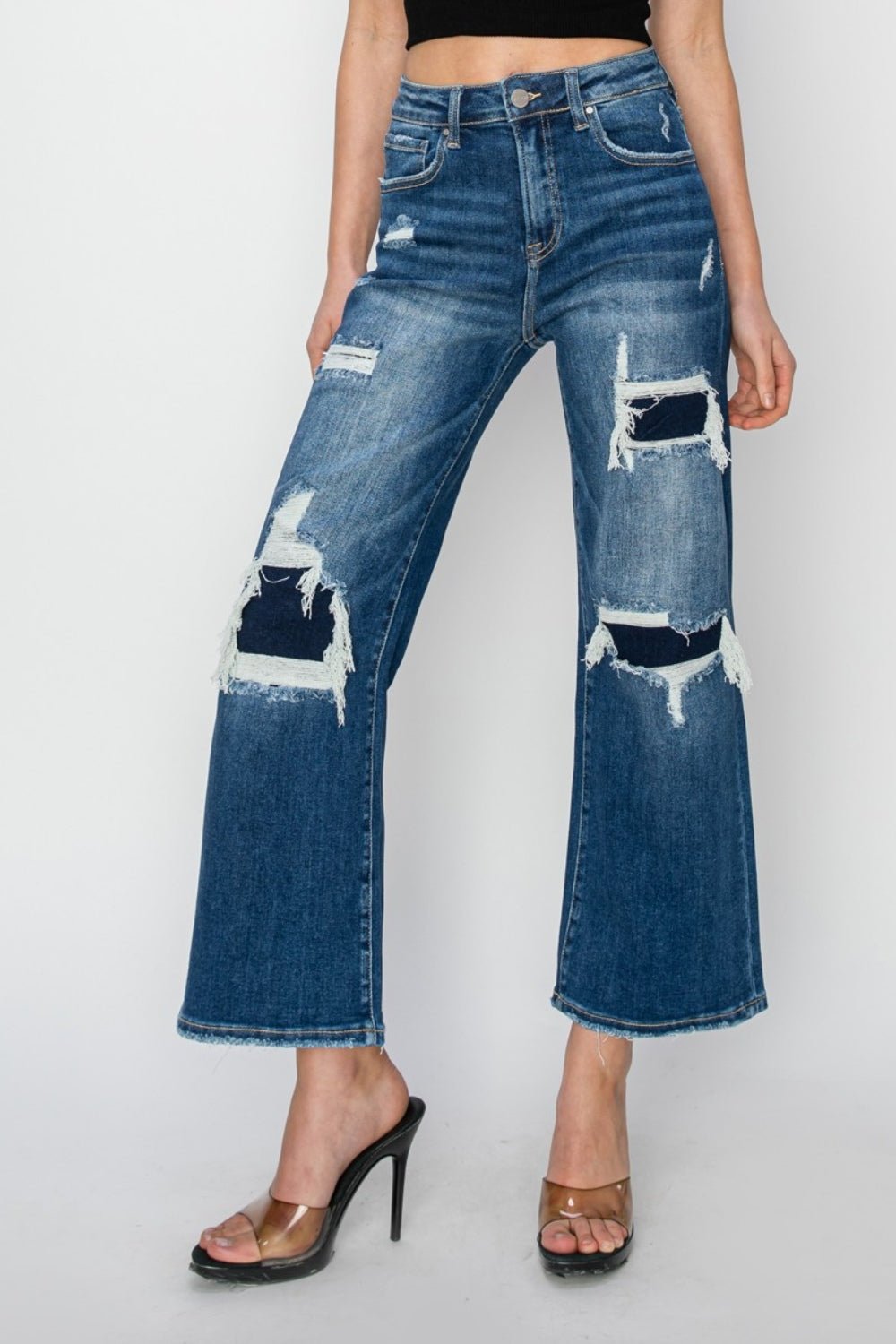 Risen Full Size High Rise Patch Detailed Wide Leg Crop Jeans - Roaming Gypsy Boutique