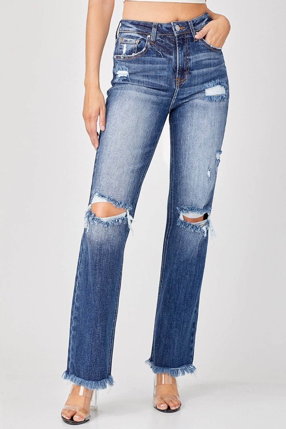 Risen Full Size Raw Hem Distressed Straight Jeans - Roaming Gypsy Boutique