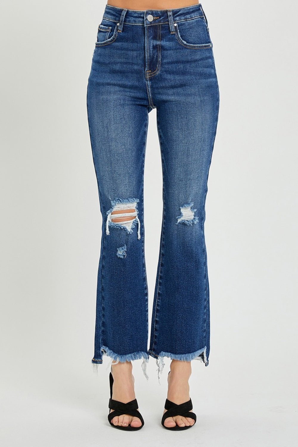 RISEN High Rise Distressed Crop Flare Jeans - Roaming Gypsy Boutique