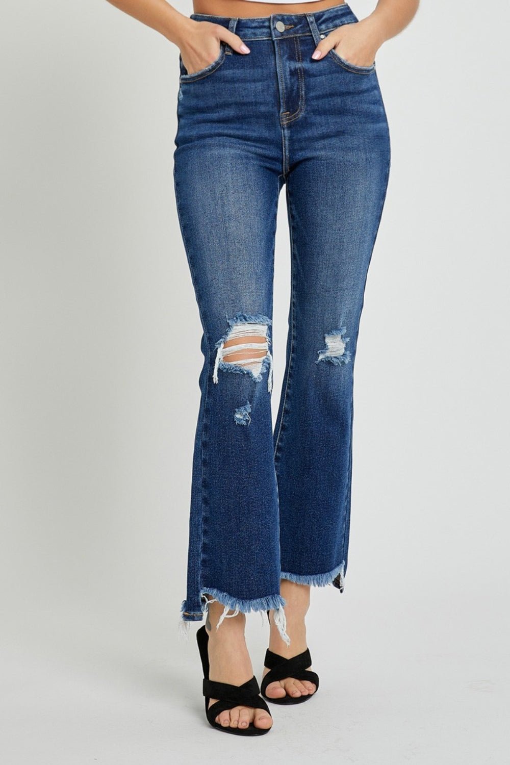 RISEN High Rise Distressed Crop Flare Jeans - Roaming Gypsy Boutique