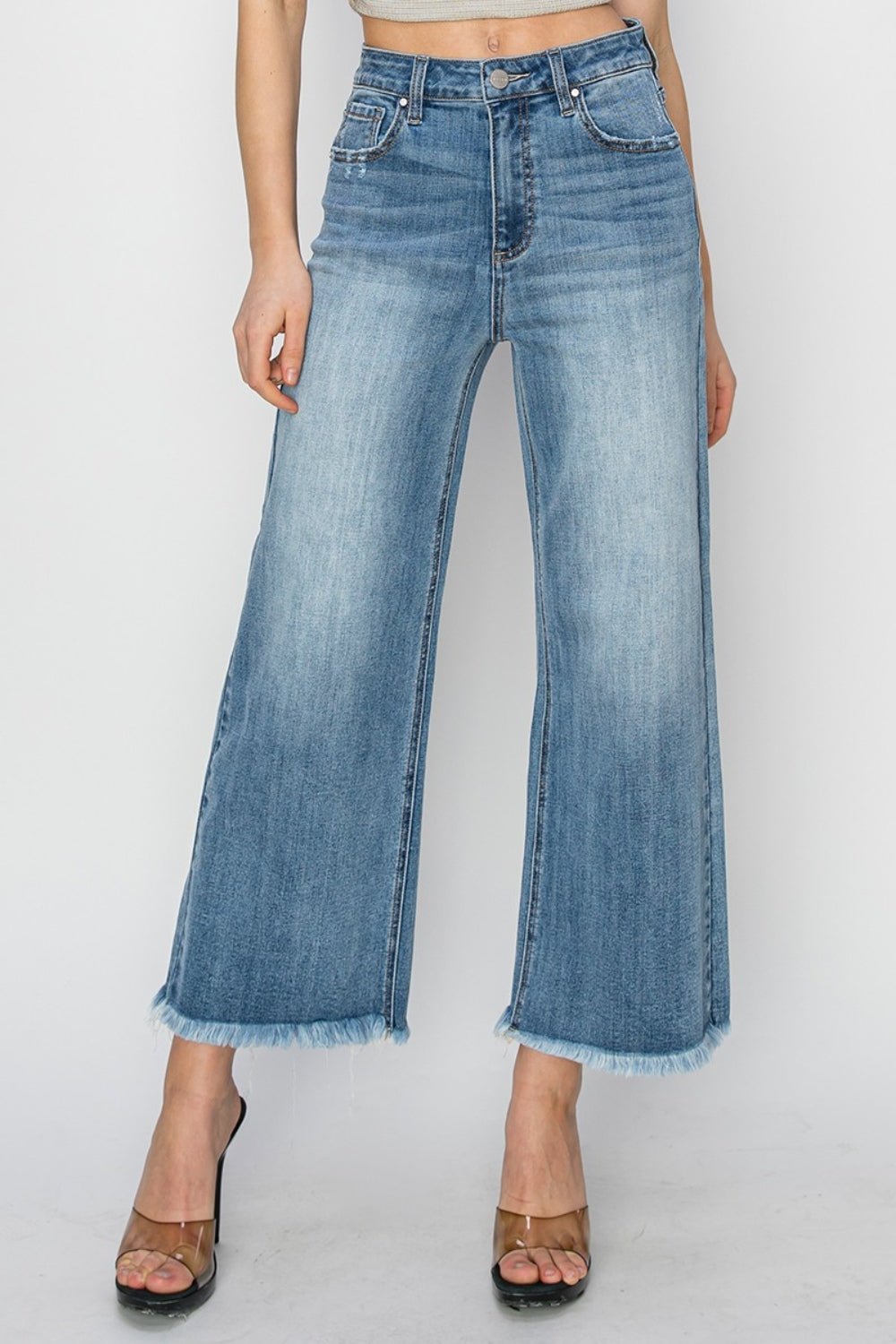 RISEN Raw Hem Cropped Wide Leg Jeans - Roaming Gypsy Boutique