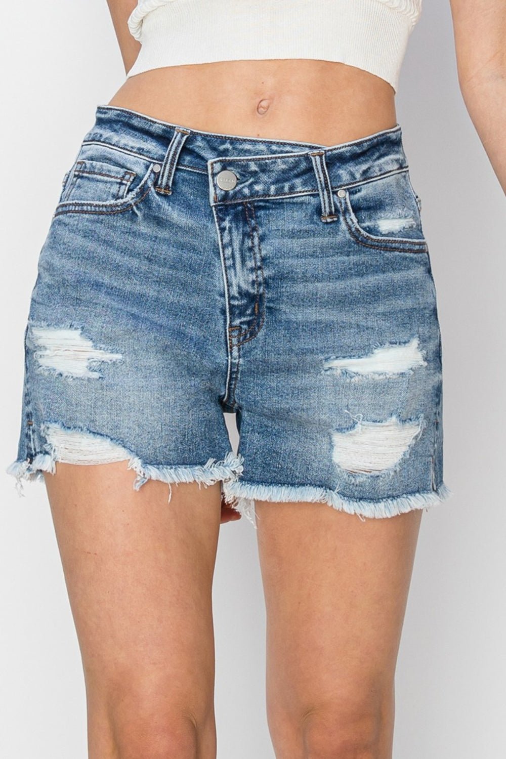 RISEN Stepped Waist Frayed Denim Shorts - Roaming Gypsy Boutique