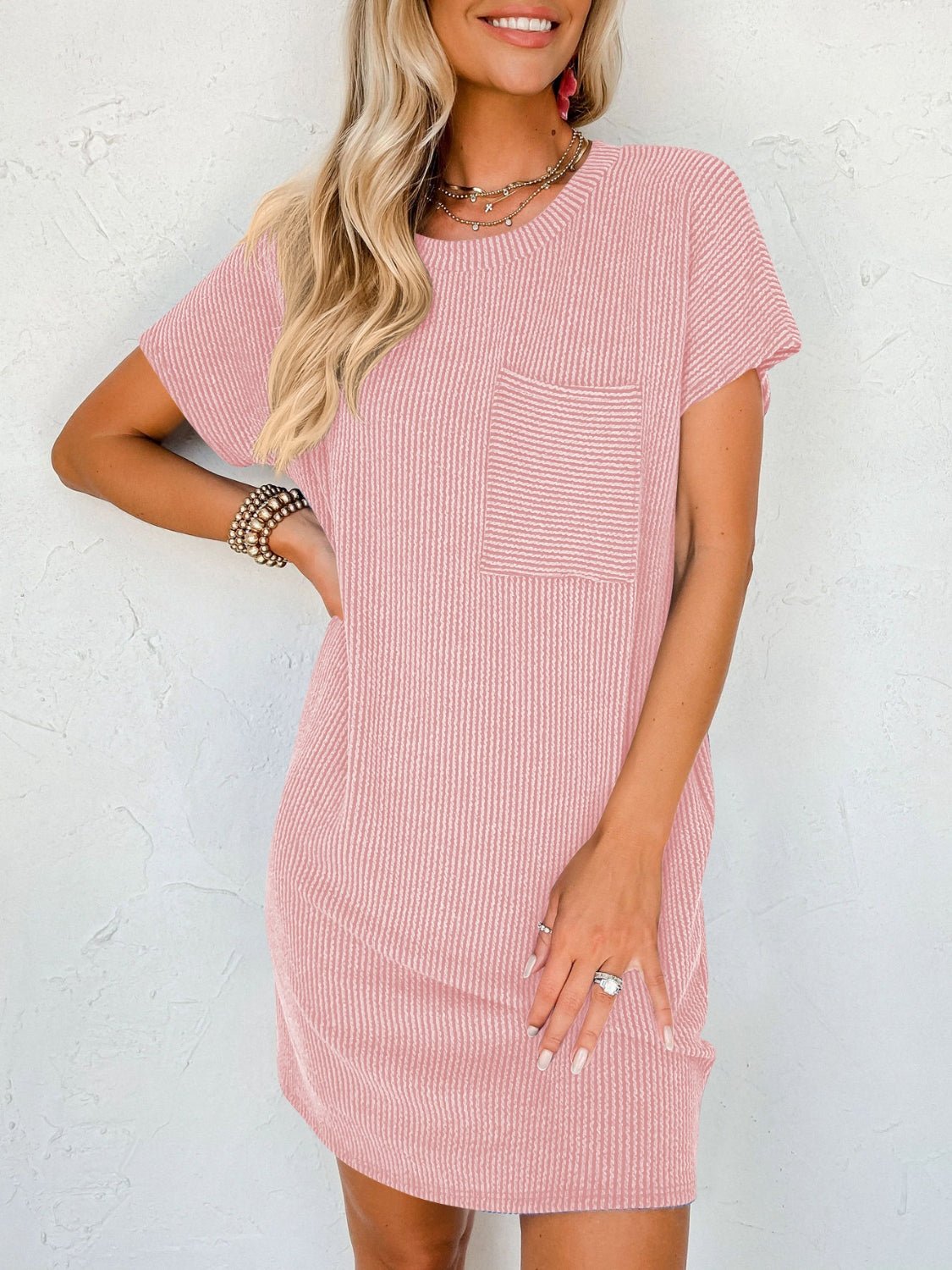 Round Neck Short Sleeve Mini Dress - Roaming Gypsy Boutique