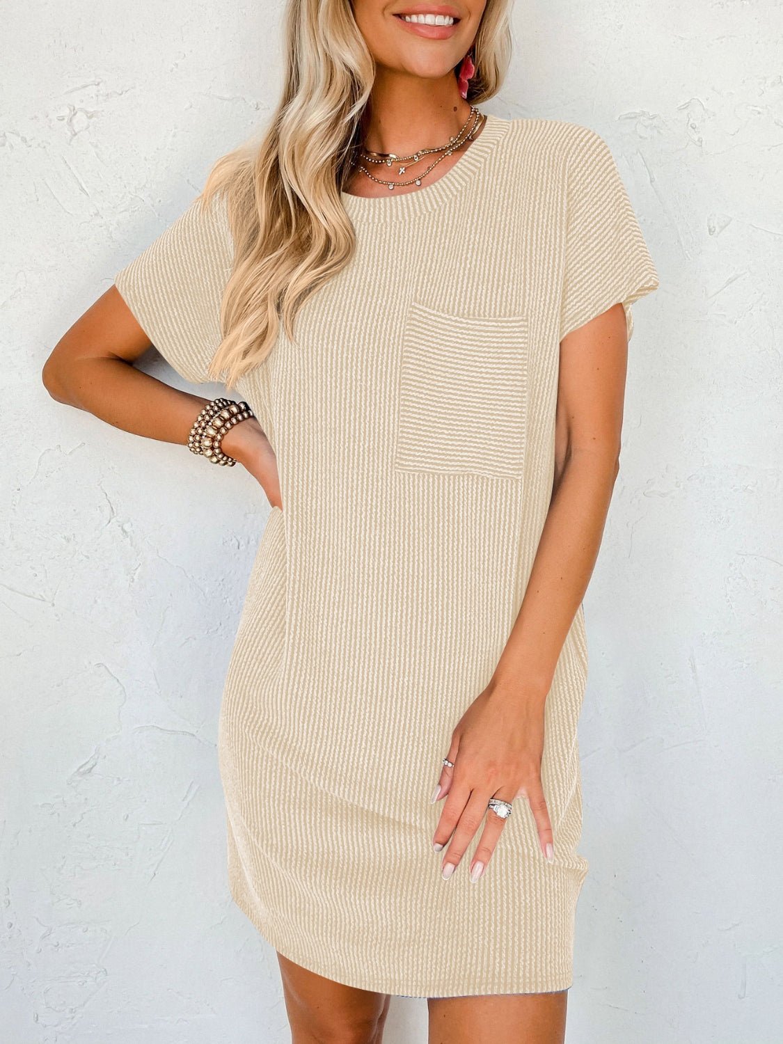 Round Neck Short Sleeve Mini Dress - Roaming Gypsy Boutique