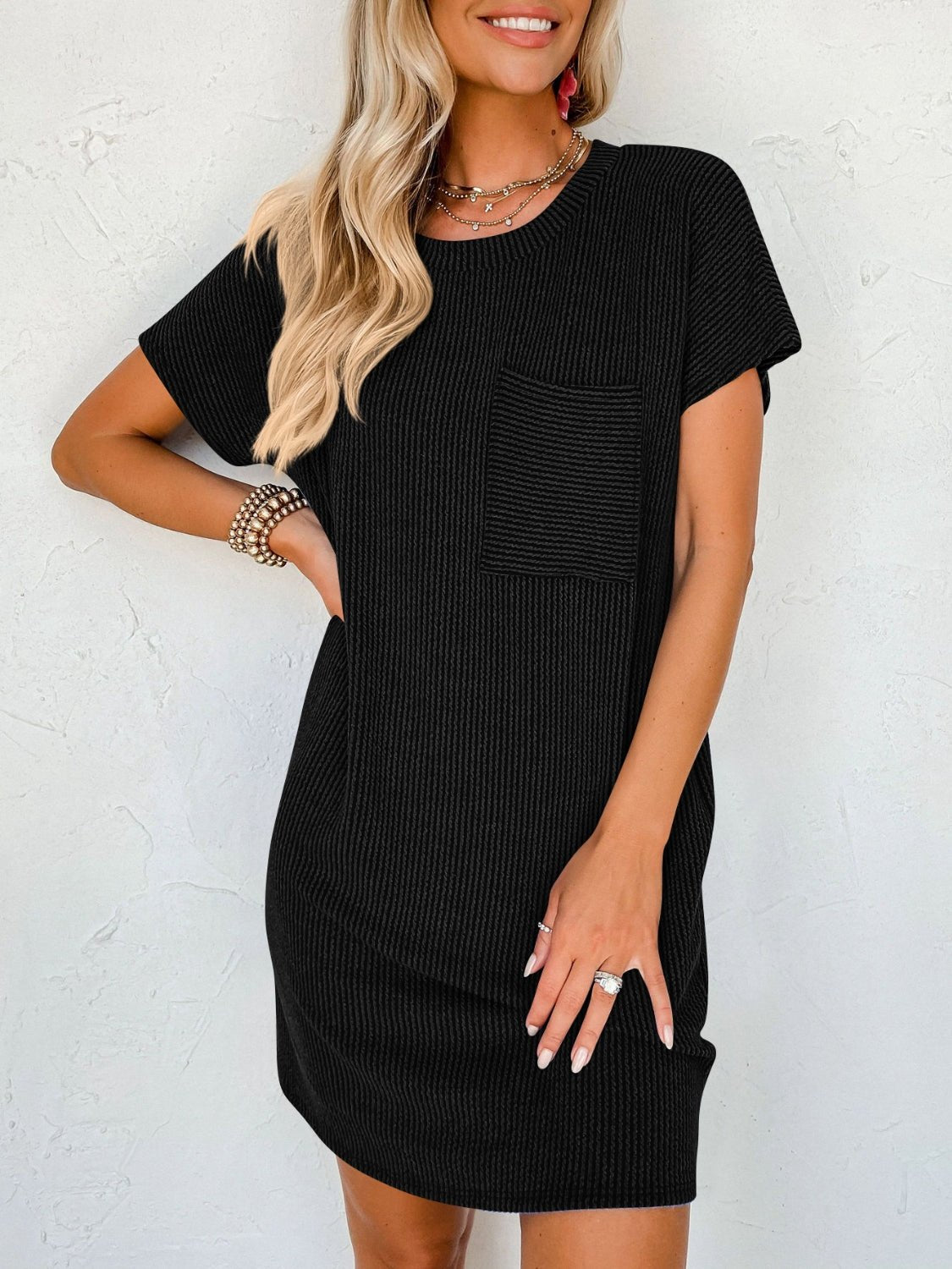 Round Neck Short Sleeve Mini Dress - Roaming Gypsy Boutique