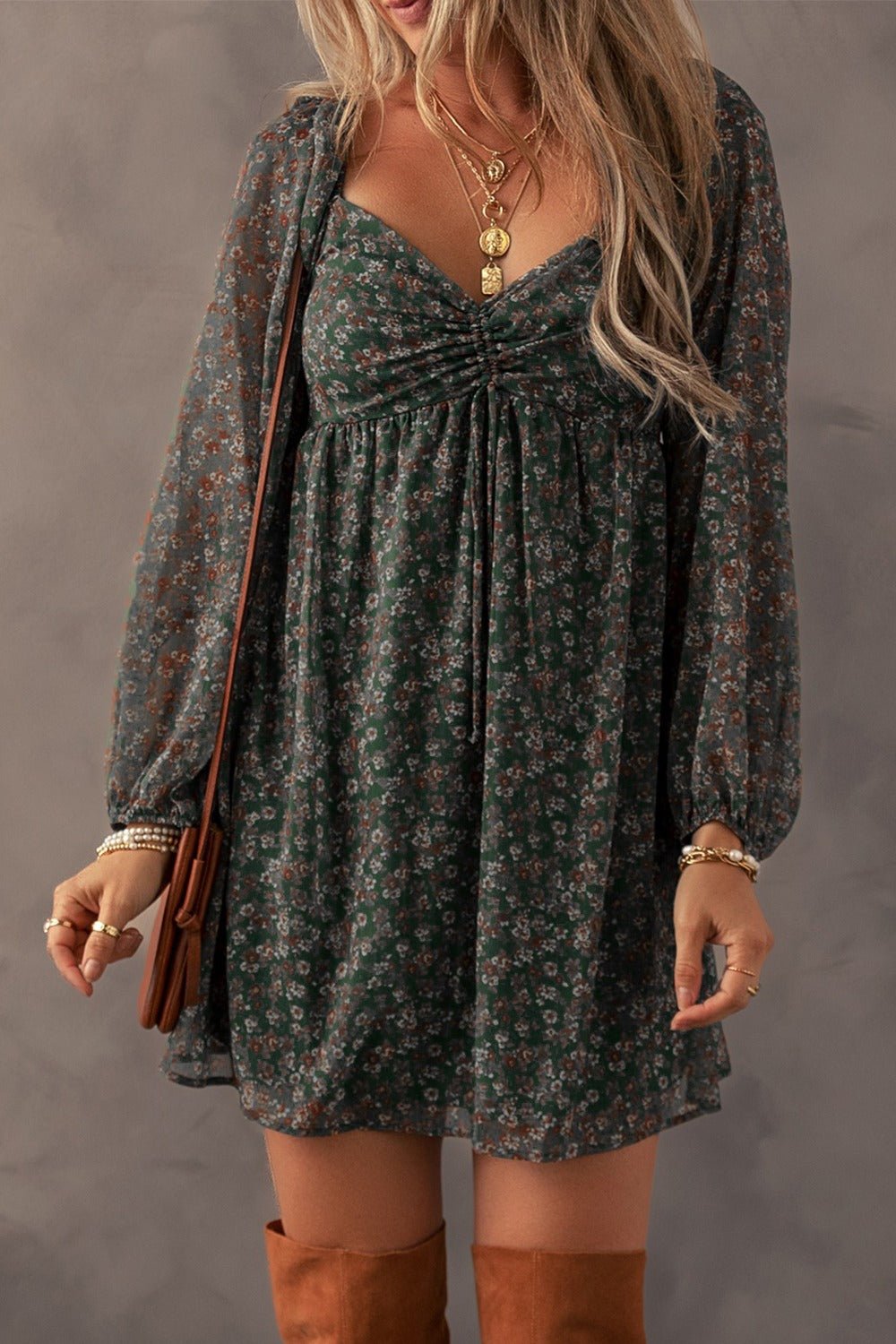 Ruched Printed Long Sleeve Mini Dress - Roaming Gypsy Boutique