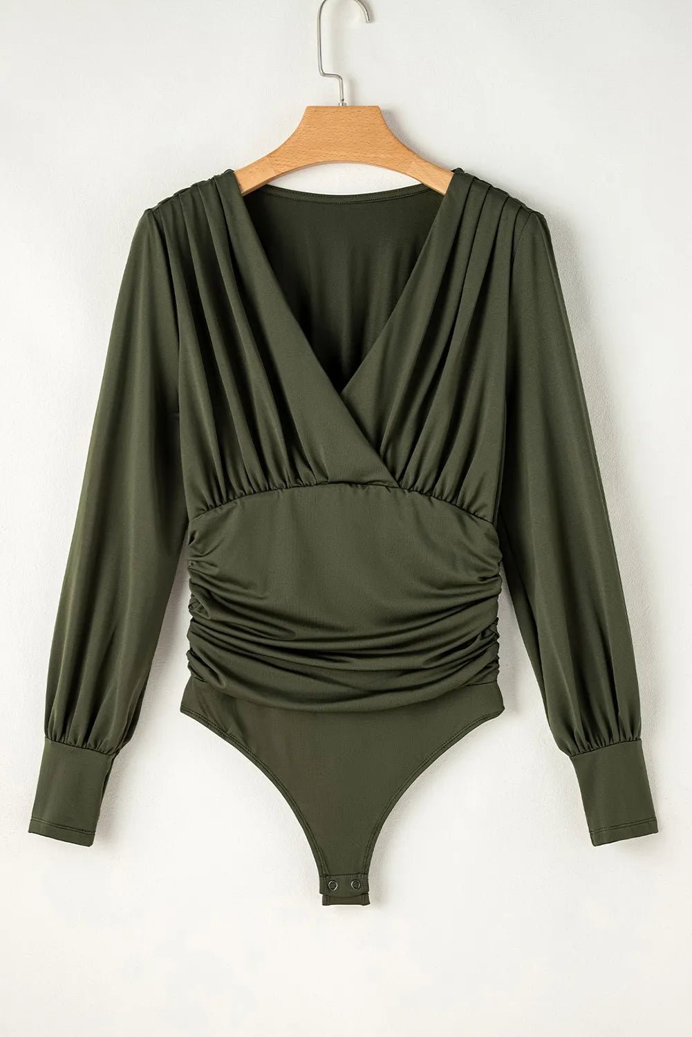 Ruched Surplice Long Sleeve Bodysuit - Roaming Gypsy Boutique