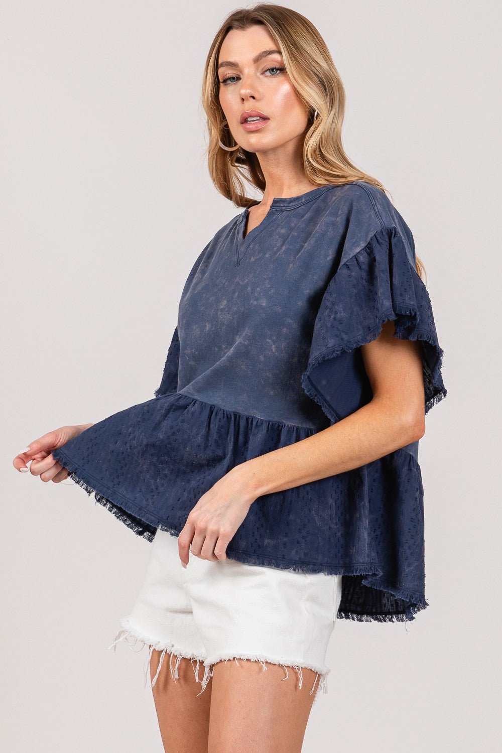 SAGE + FIG Ruffle Sleeve Washed Short Sleeve Blouse - Roaming Gypsy Boutique