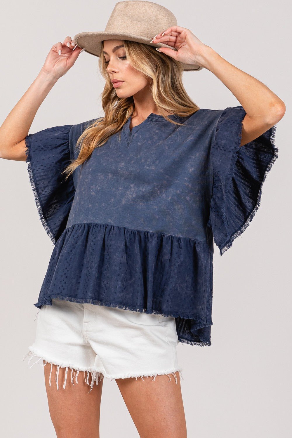 SAGE + FIG Ruffle Sleeve Washed Short Sleeve Blouse - Roaming Gypsy Boutique