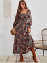 Smocked Floral Square Neck Long Sleeve Dress - Roaming Gypsy Boutique