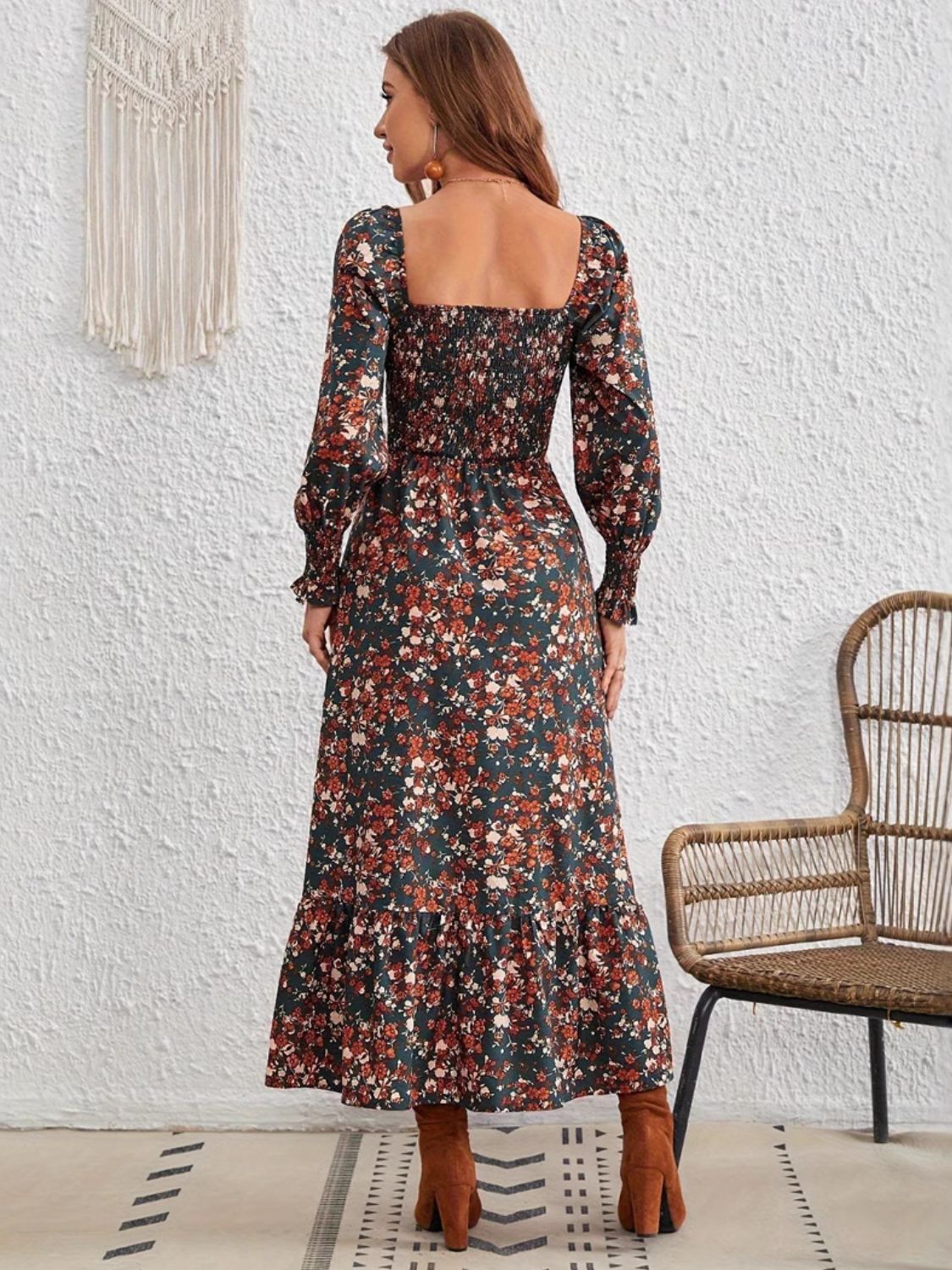 Smocked Floral Square Neck Long Sleeve Dress - Roaming Gypsy Boutique