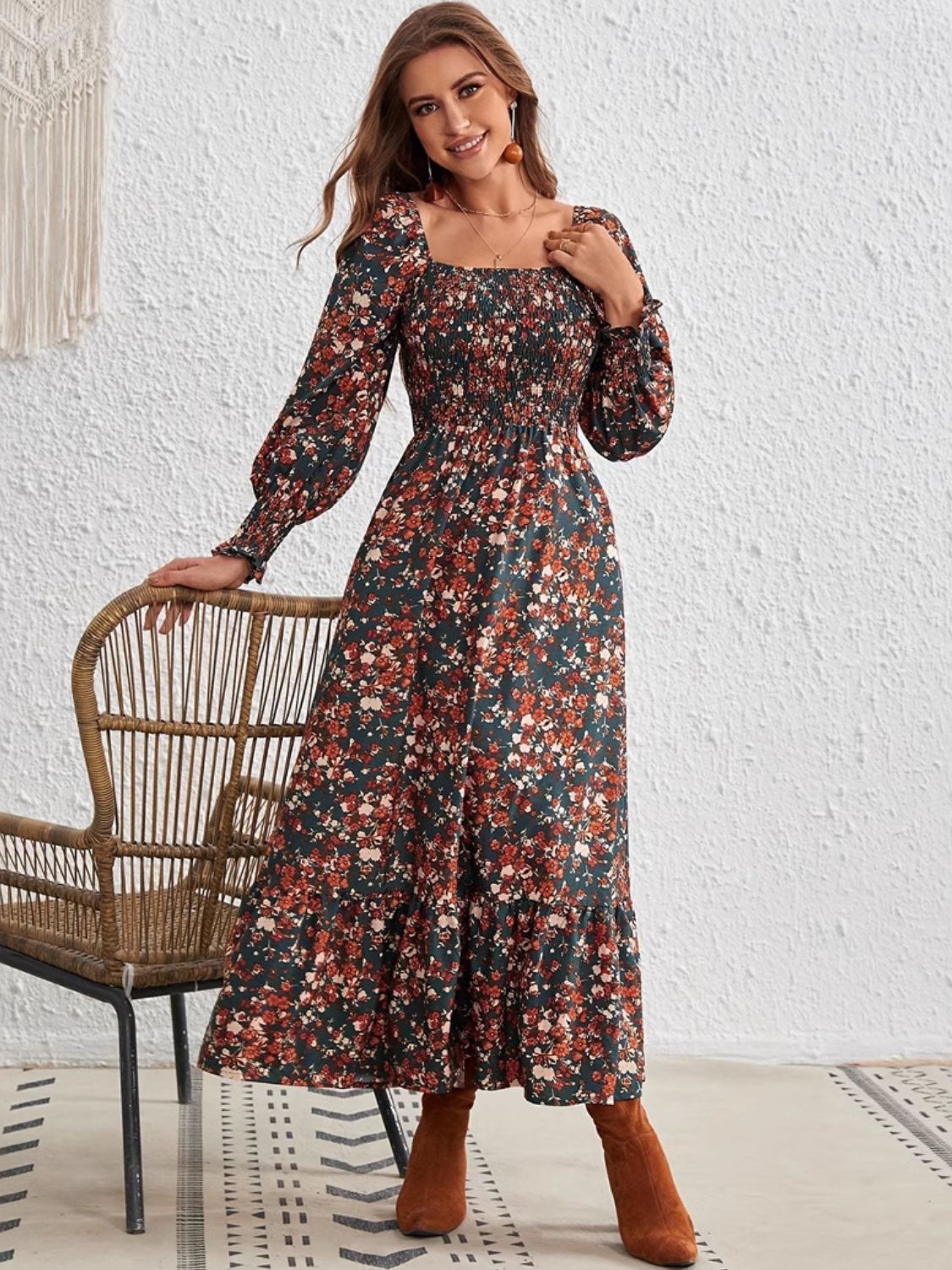 Smocked Floral Square Neck Long Sleeve Dress - Roaming Gypsy Boutique