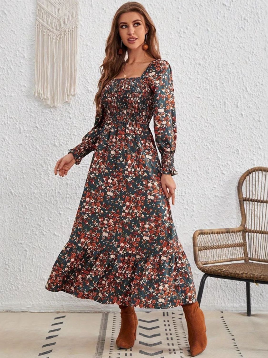 Smocked Floral Square Neck Long Sleeve Dress - Roaming Gypsy Boutique